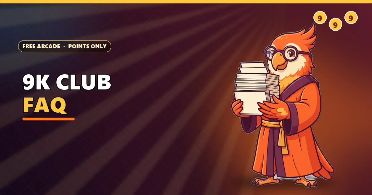 Parrot librarian holding index cards for the 9K Club FAQ