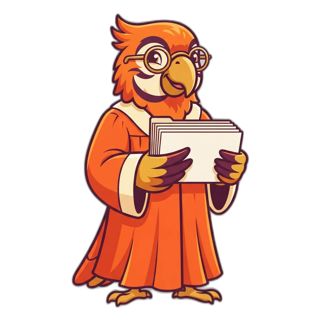 Parrot librarian holding index cards for the 9K Club FAQ