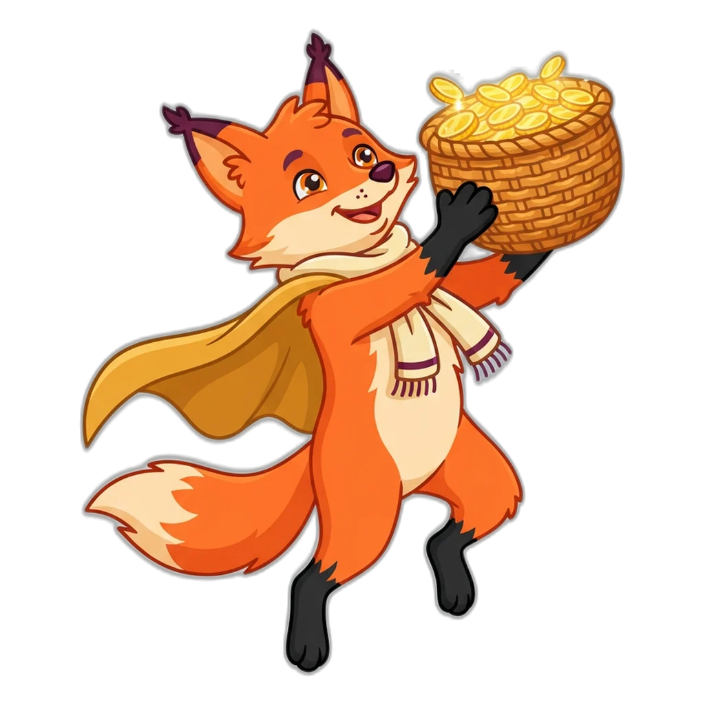Fox in a gold cape catching falling gold coins in a basket