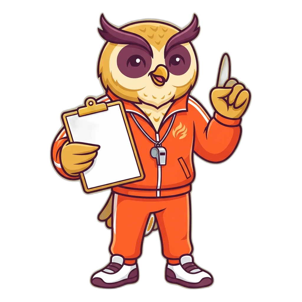 Owl coach with a whistle explaining how to play 9K Club