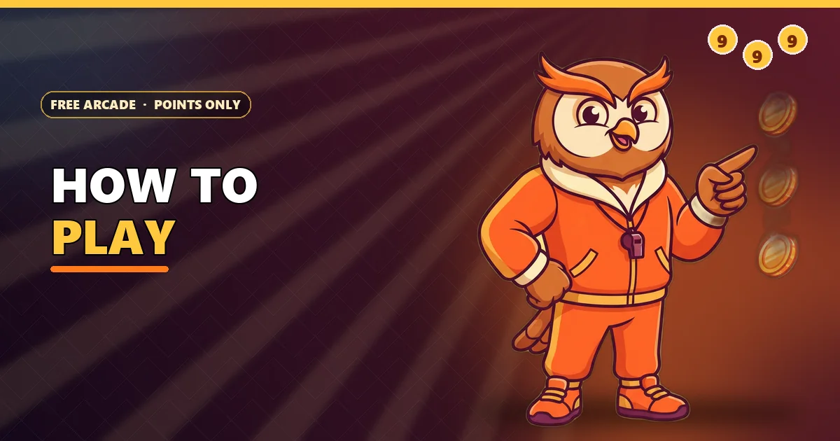 Owl coach pointing at falling coins for the how to play 9K Club guide