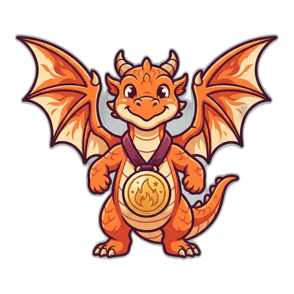 Dragon wearing a gold medal for the 9K Club badge